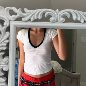 brandy y2k style white v neck with black lace